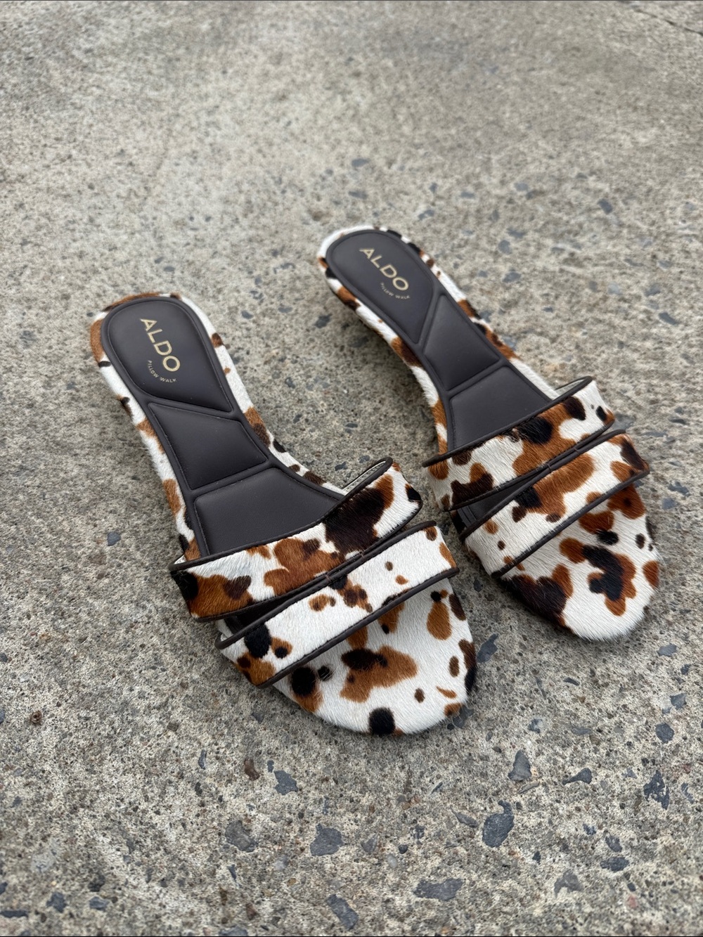 ALDO Cow Print Slide Kitten Heels in Brown and White